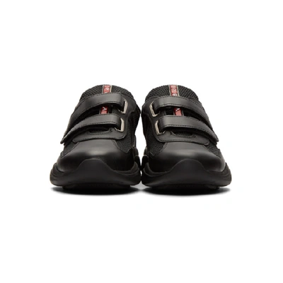 Shop Prada Black Leather & Mesh Straps Sneakers