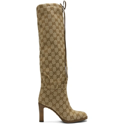 Shop Gucci Beige Gg Canvas Mid-heel Boots In Beige/ebony