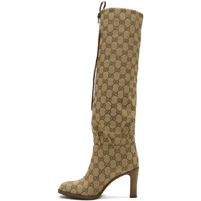 Shop Gucci Beige Gg Canvas Mid-heel Boots In Beige/ebony