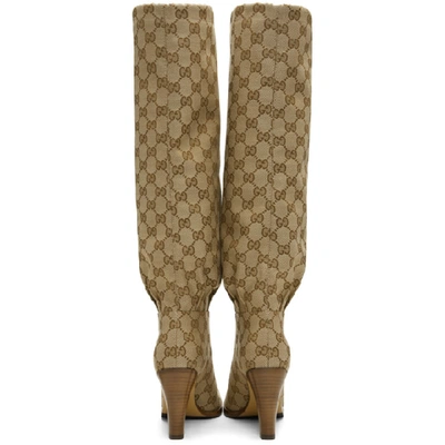 Shop Gucci Beige Gg Canvas Mid-heel Boots In Beige/ebony