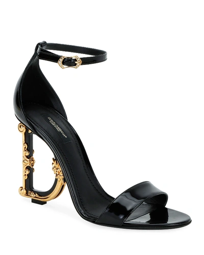 Shop Dolce & Gabbana Patent Leather Sandals With Logo Heel In Black