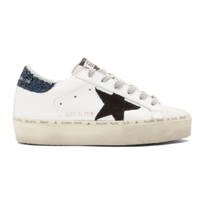 Shop Golden Goose White Glitter Tab Hi Star Sneaker In White/blue