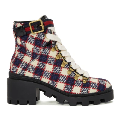 Shop Gucci Red & White Check Tweed Ankle Boots
