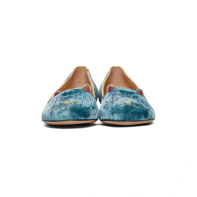 Shop Charlotte Olympia Blue Velvet Peaceful Kitty Loafers In 09220 Blue