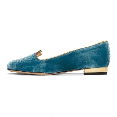 Shop Charlotte Olympia Blue Velvet Peaceful Kitty Loafers In 09220 Blue