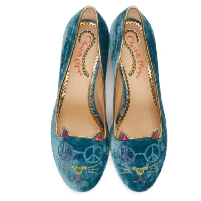 Shop Charlotte Olympia Blue Velvet Peaceful Kitty Loafers In 09220 Blue