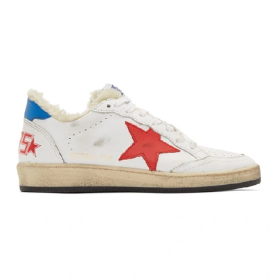 Shop Golden Goose White & Red Shearling Ball Star Sneakers