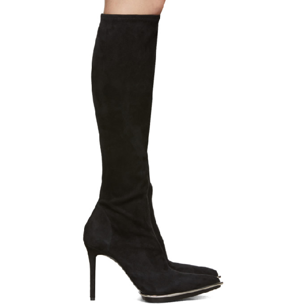 black pointed knee high boots