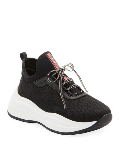 Shop Prada Knit Lace-up Sneakers In Black/white