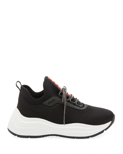 Shop Prada Knit Lace-up Sneakers In Black/white