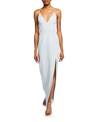 Shop Wayf The Maisle Plunge-neck Column Gown With Slit In Blue
