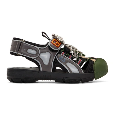 Shop Gucci Green And Grey Tinsel Crystal Sandals In 8461 Black