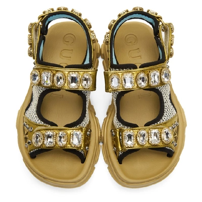 Shop Gucci Gold And Beige Crystal Aguru Chunky Sandals In 8065 Beige