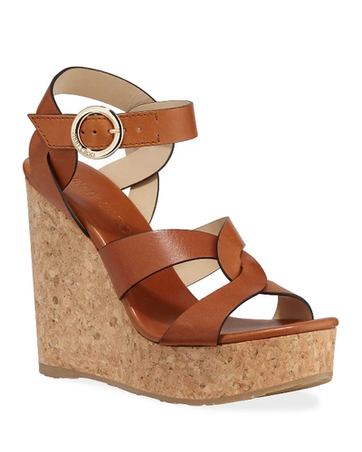 Shop Jimmy Choo Aleili Leather Cork Wedge Sandals In Brown