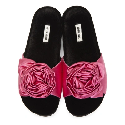 Shop Miu Miu Black & Pink Satin & Velvet Rose Sandals
