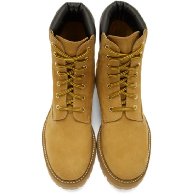 Shop Vetements Beige Suede Logo Cuff Trucker Boots