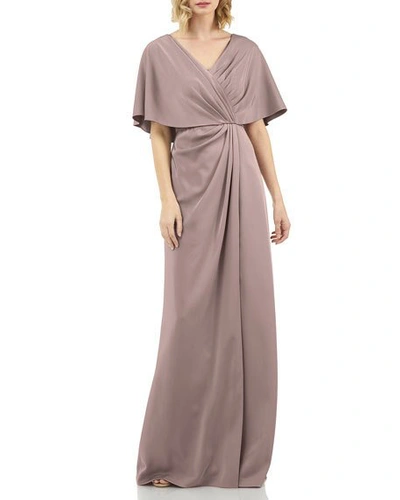 Shop Kay Unger Luna Stretch Faille Portrait-neck Cape-sleeve Gathered Gown In Mink