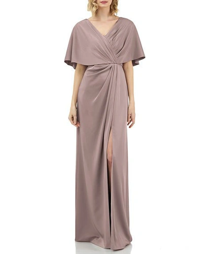 Shop Kay Unger Luna Stretch Faille Portrait-neck Cape-sleeve Gathered Gown In Mink