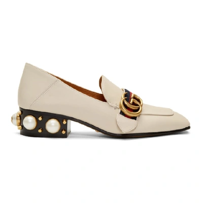 Shop Gucci Off-white Leather Heeled Loafers In 9061 White