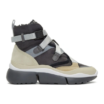 Shop Chloé Chloe Grey And Beige Sonnie High-top Sneakers In 4a7 Midnigh