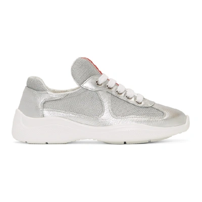 Shop Prada Silver & White Leather & Mesh Sneakers