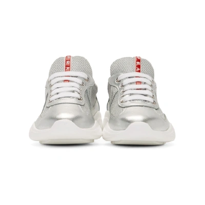 Shop Prada Silver & White Leather & Mesh Sneakers