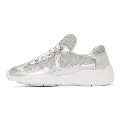 Shop Prada Silver & White Leather & Mesh Sneakers