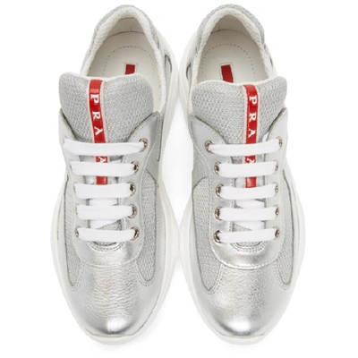 Shop Prada Silver & White Leather & Mesh Sneakers