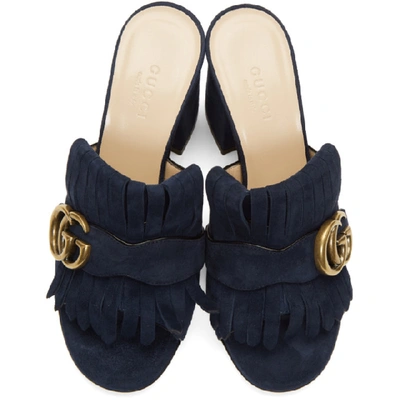 Shop Gucci Navy Suede Gg Marmont Slide Heeled Sandals