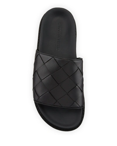 Shop Bottega Veneta Men's Intrecciato Leather Pool Slides In Black