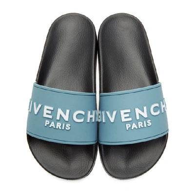 Shop Givenchy Blue & Black Logo Pool Slides