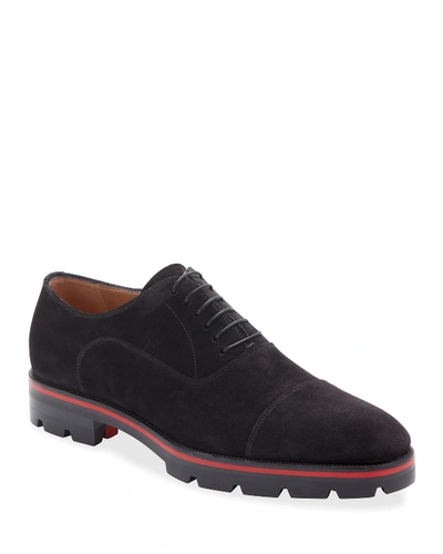 Shop Christian Louboutin Men's Hubertus Velour Lug-sole Oxford Shoes In Black
