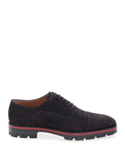 Shop Christian Louboutin Men's Hubertus Velour Lug-sole Oxford Shoes In Black