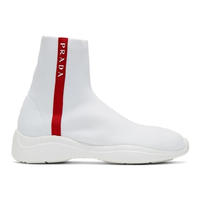 Shop Prada White Knit High-top Sneakers