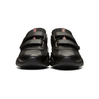 Shop Prada Black Leather & Mesh Straps Sneakers