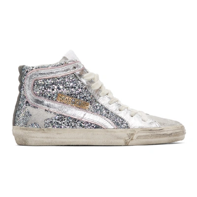 Shop Golden Goose Silver And Pink Glitter Slide Sneakers In Glitter Sil