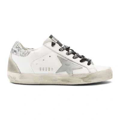 Shop Golden Goose White And Silver Glitter Tab Superstar Sneakers In Wht/sil