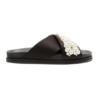 Shop Simone Rocha Black Satin Beading Slides In Black/pearl