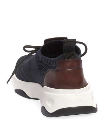 Shop Berluti Men's Shadow Knit Sneaker With Leather Details In Navy