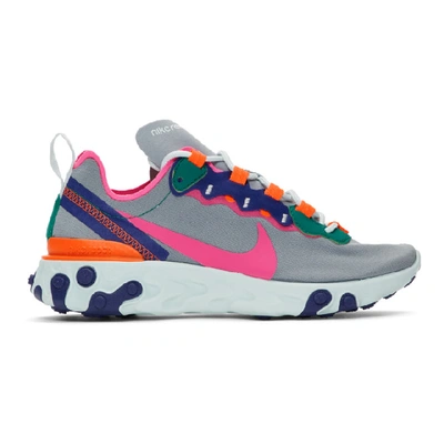 Shop Nike Grey React Element 55 Sneakers In Wolf Grey/hyper Crimson/mystic Green/laser Fuchsia