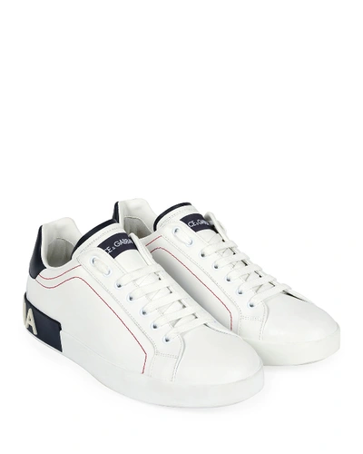 Shop Dolce & Gabbana Men's Portofino Two-tone Leather Sneakers In White/red