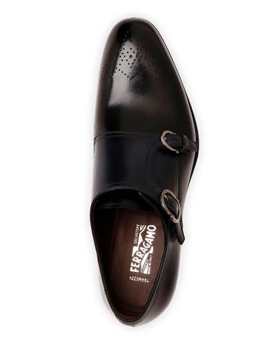 Shop Ferragamo Men's Brighton Tramezza Double-monk Leather Loafers In Black