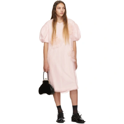 Shop Simone Rocha Pink Ruched Flowers Puff Sleeves Tee Dress In Pink/ Pink