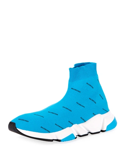 Shop Balenciaga Men's All Over Logo Speed Sneakers In Blue/black