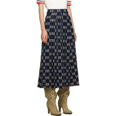 Shop Gucci Navy Pleated Gg Skirt In 4333 Blue