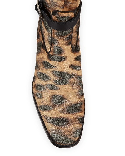 Shop Christian Louboutin Men's Kicko Leopard-print Red Sole Boots In Silver