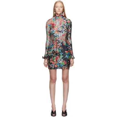 Shop Givenchy Multicolor Flowers Pleated Long Sleeve Dress In 606 Multi