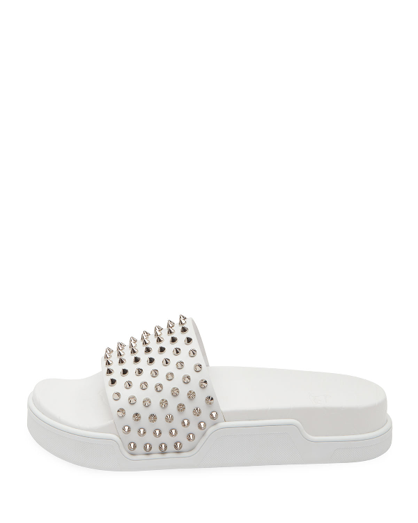 Christian Louboutin Men's Spiked Leather Pool Slides In White | ModeSens