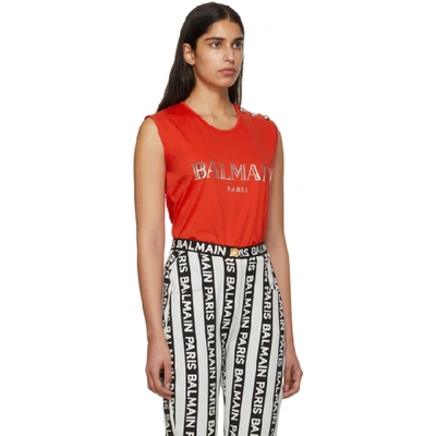 Shop Balmain Red Buttoned Logo Sleeveless T-shirt In Maf Red/sil