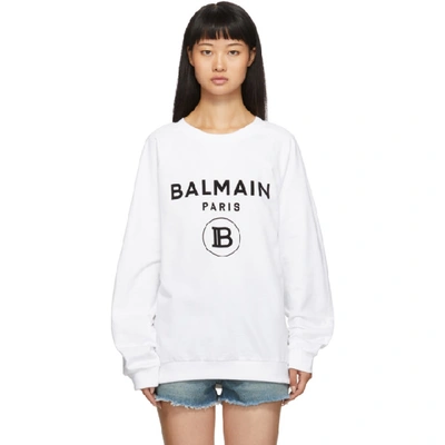 Shop Balmain White Flocked Logo Sweatshirt In Gab Wht/blk